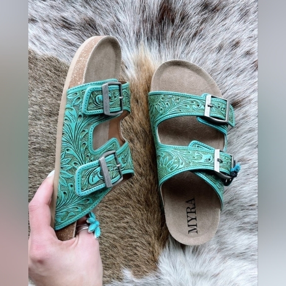 Womens blue turquoise leather tooled embossed myra slides sandals buckle cowgirl - Picture 5 of 5